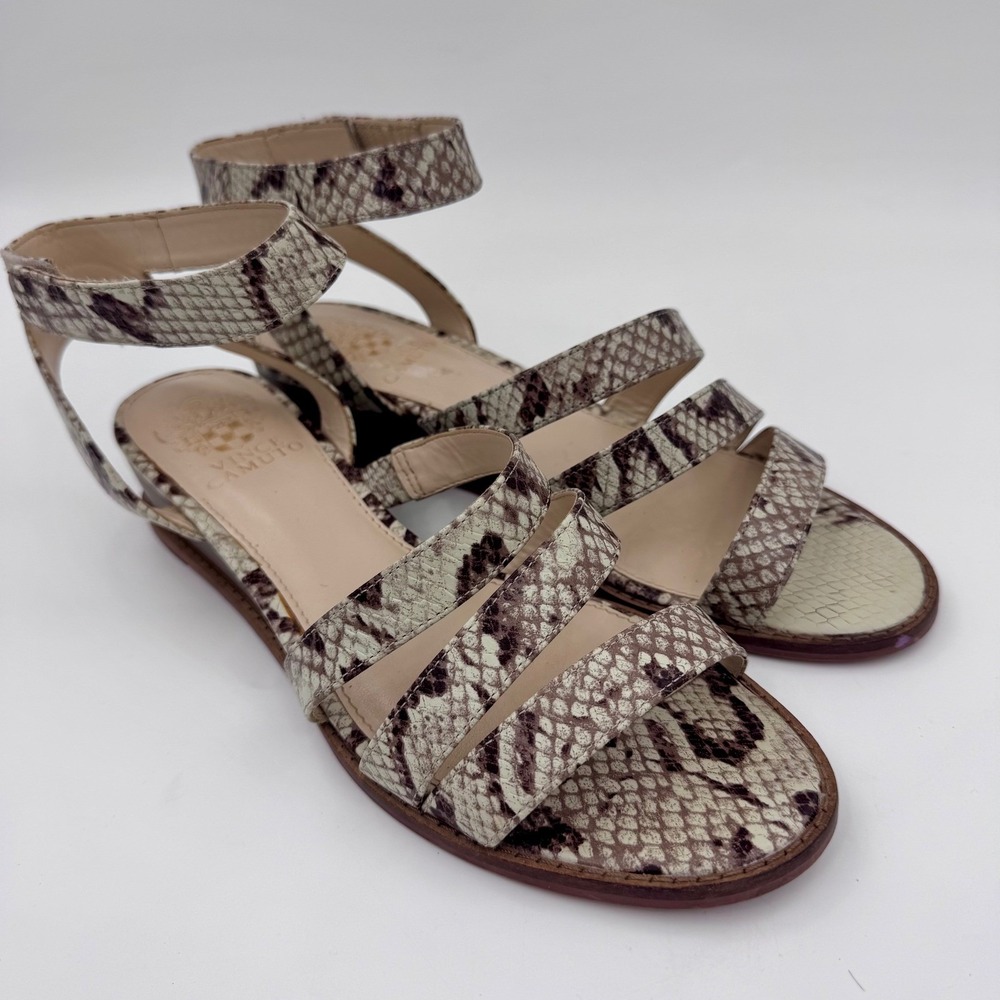 Vince Camuto Womens Leather Snakeskin Print Strappy Sandals Tan Brown 8M | 38.5